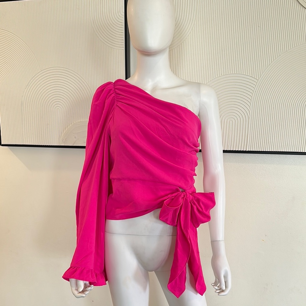 Vibrant Pink One-Shoulder Top with Bow